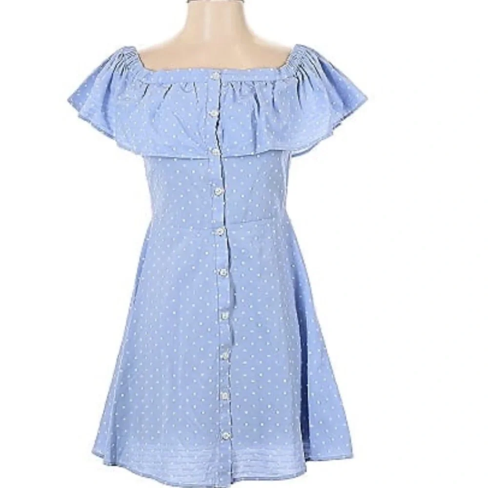 Blue Off the Shoulder Button Down Dress - Picture 11 of 11